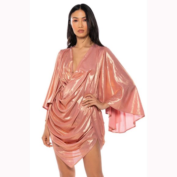 💥BOMBSHELL!💥Asymmetrical Draped Kimono Sleeve Dress in Metallic Pink - Picture 3 of 16